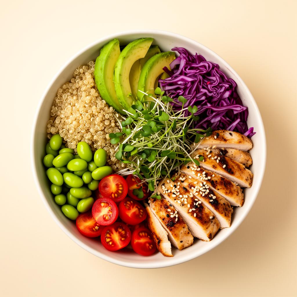 Bowl gourmet FRESCI con quinoa, avocado, edamame, pomodorini, cavolo rosso e pollo grigliato