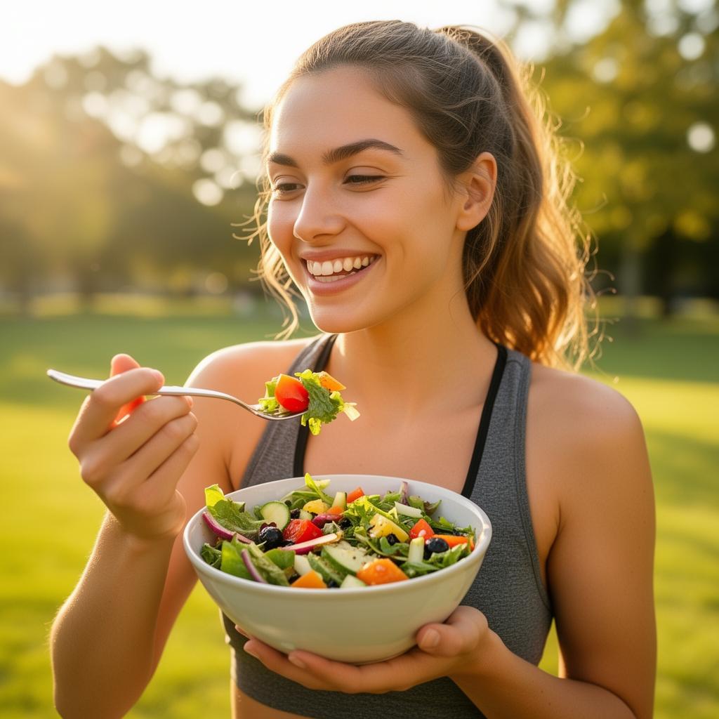 Ragazza sportiva sorride mentre mangia un'insalata FRESCI